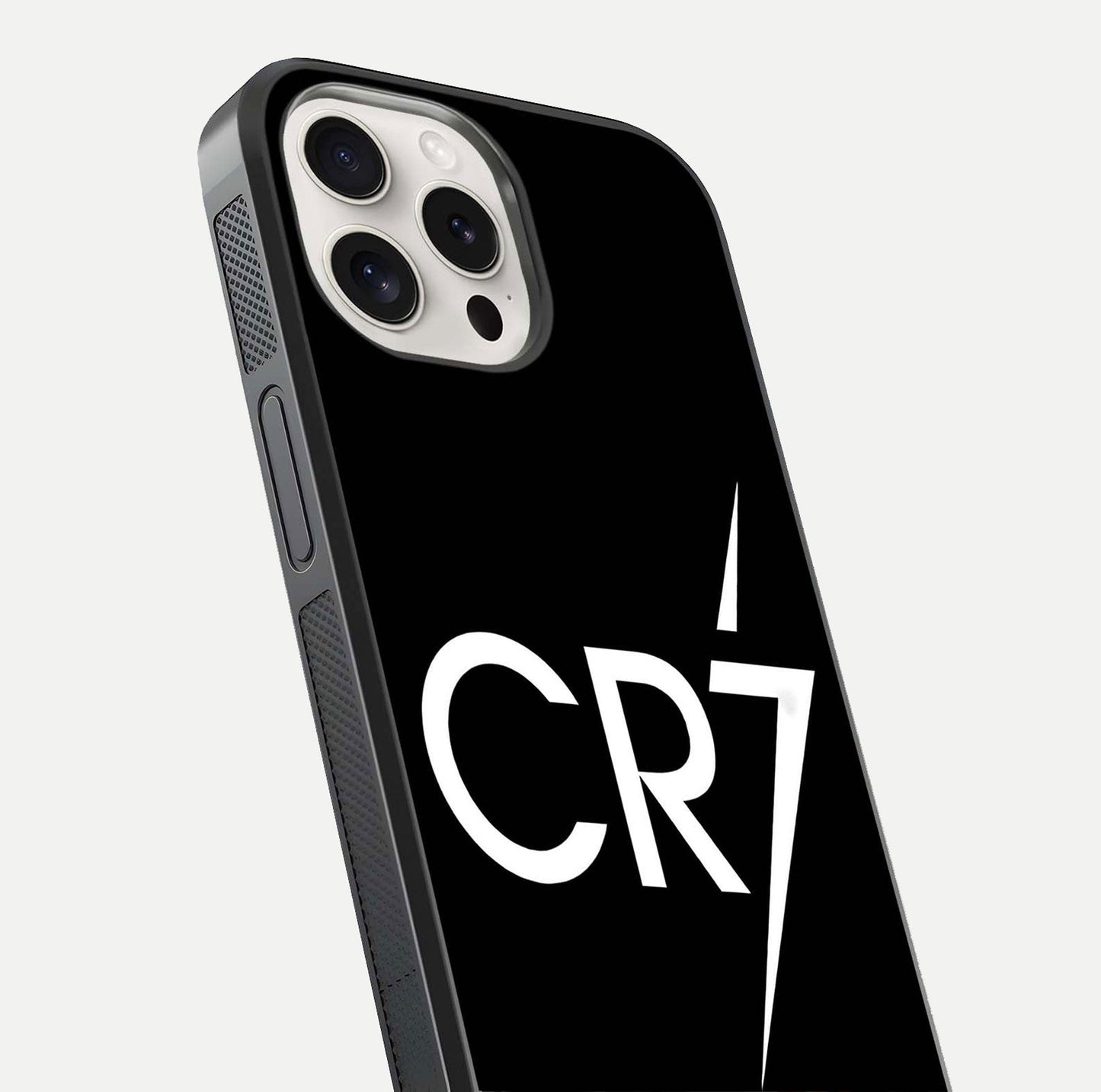 CR7 Elite Strike Glass Case for iPhone 15 Pro Max close-up highlighting CR7 artwork and shine reflection