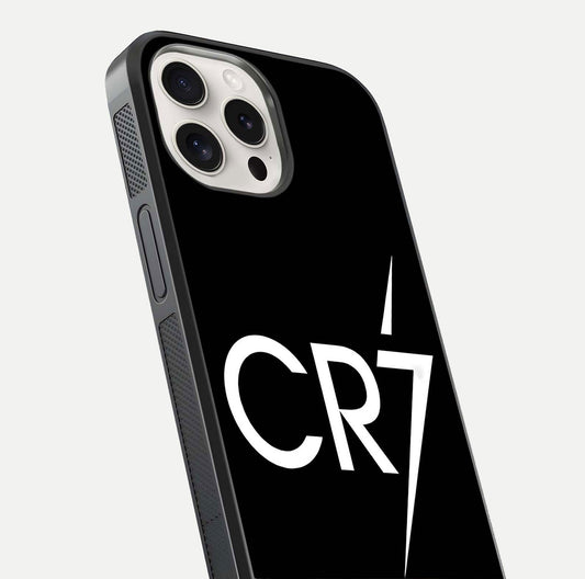 CR7 Elite Strike Glass Case for iPhone 15 Pro Max close-up highlighting CR7 artwork and shine reflection