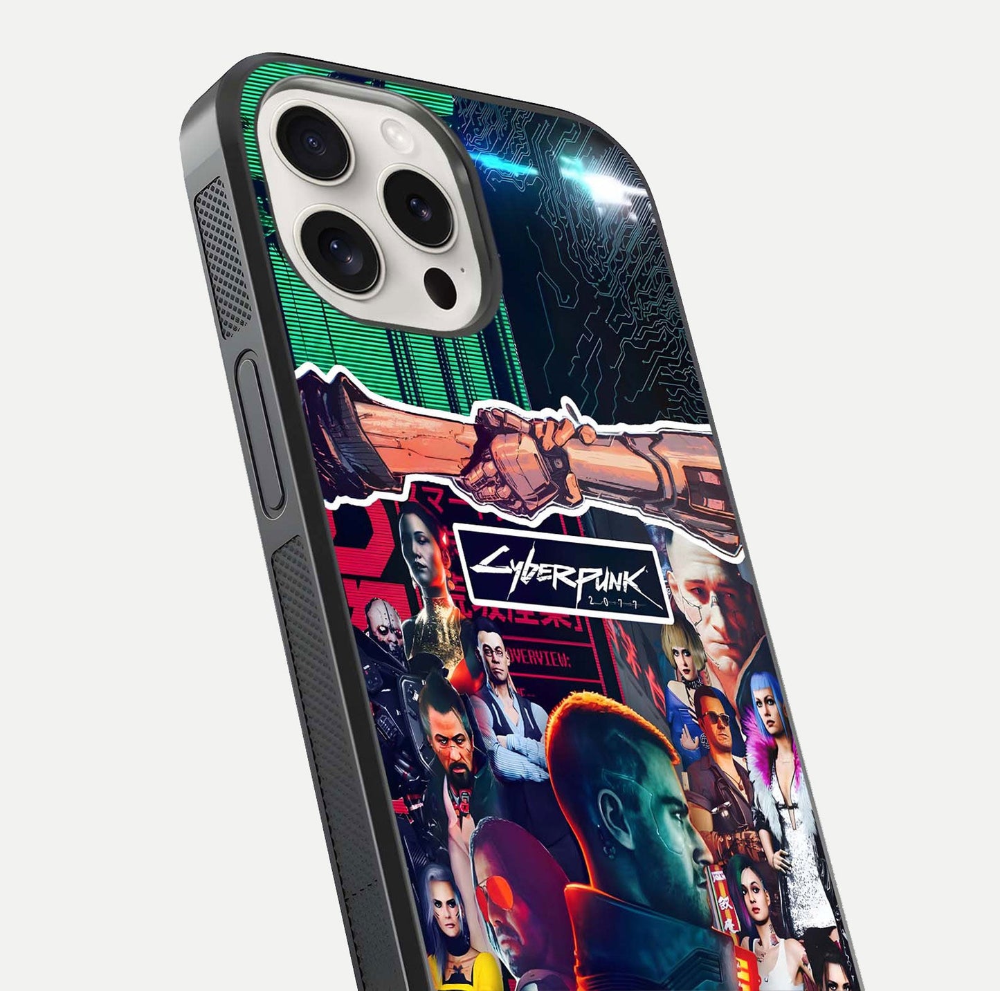 CYBERPUNK Legacy Glass Case for iPhone 15 Pro Max close-up highlighting circuit texture and reflection tone