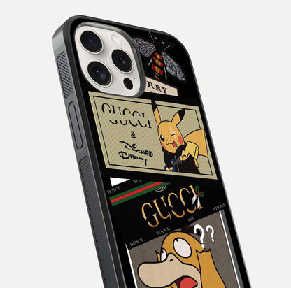 Cartoon Brand Play Mashup Glass Case for iPhone 15 Pro Max close-up angled shot showing character details and vibrant tones