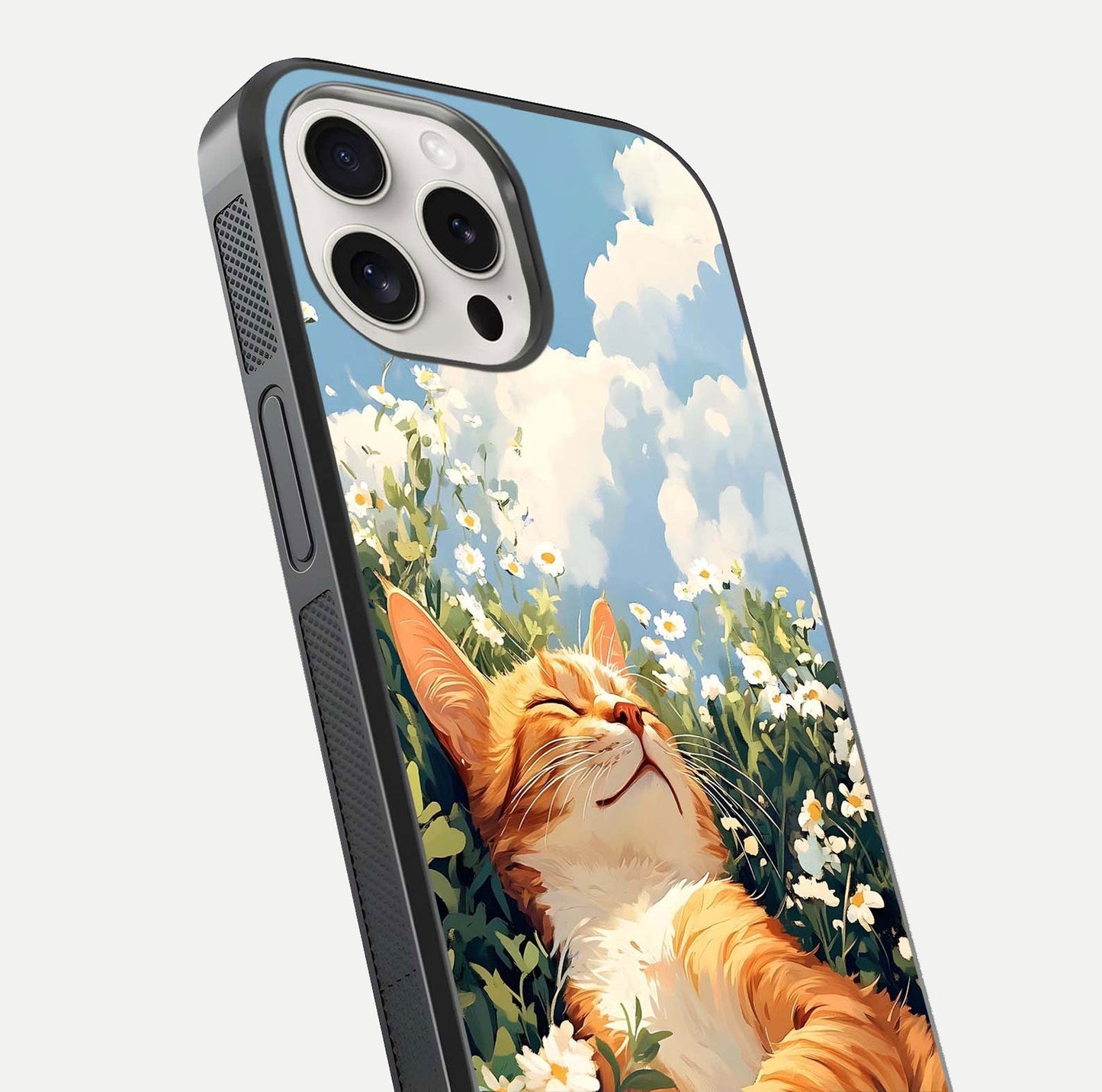 Cat & Flowers View Glass Case for iPhone 15 Pro Max close-up view highlighting cat expression and petal detail