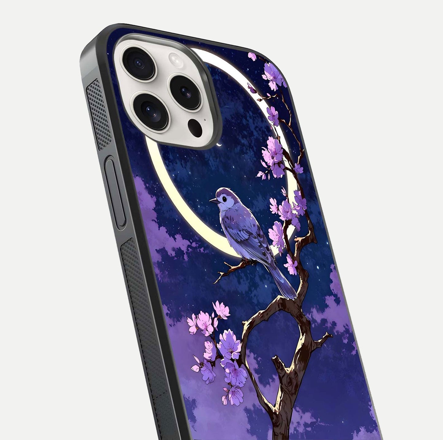 Celestial Bird Blossom Glass Case for iPhone 15 Pro Max close-up capturing bird detail, petal reflection, and gloss shine