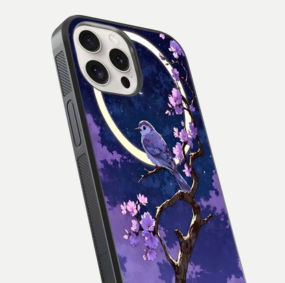 Celestial Bird Blossom Glass Case for iPhone 15 Pro Max close-up capturing bird detail, petal reflection, and gloss shine