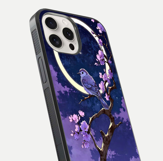Celestial Bird Blossom Glass Case for iPhone 15 Pro Max close-up capturing bird detail, petal reflection, and gloss shine