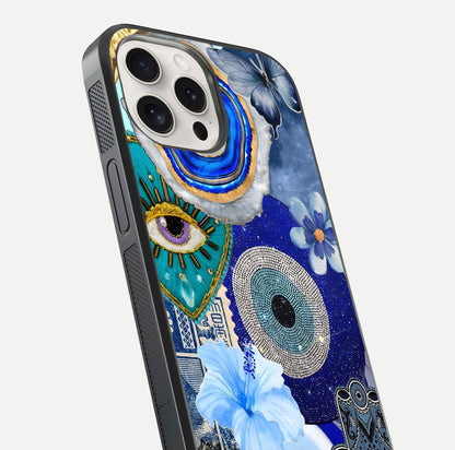Celestial Blue Vision Glass Case for iPhone 15 Pro Max close-up shot highlighting reflection details and smooth edge polish