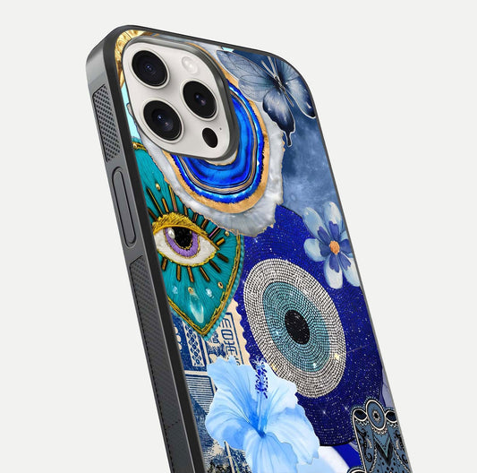 Celestial Blue Vision Glass Case for iPhone 15 Pro Max close-up shot highlighting reflection details and smooth edge polish
