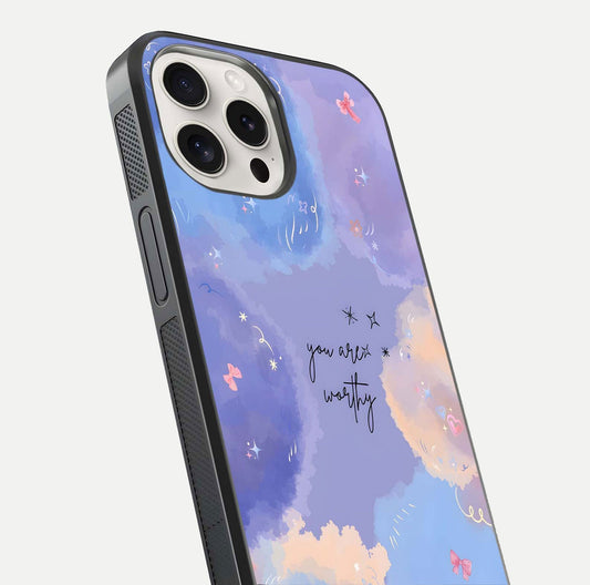 Celestial Cloud Magic Glass Case for iPhone 15 Pro Max close-up highlighting smooth gradient and gloss surface