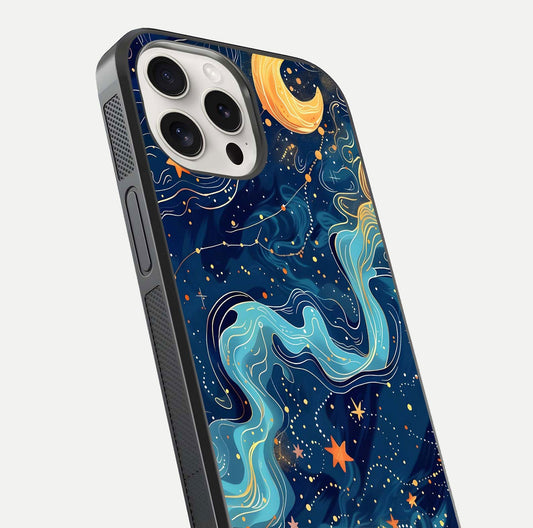 Celestial Dream Flow Glass Case for iPhone 15 Pro Max close-up highlighting star reflections and smooth glow gradient