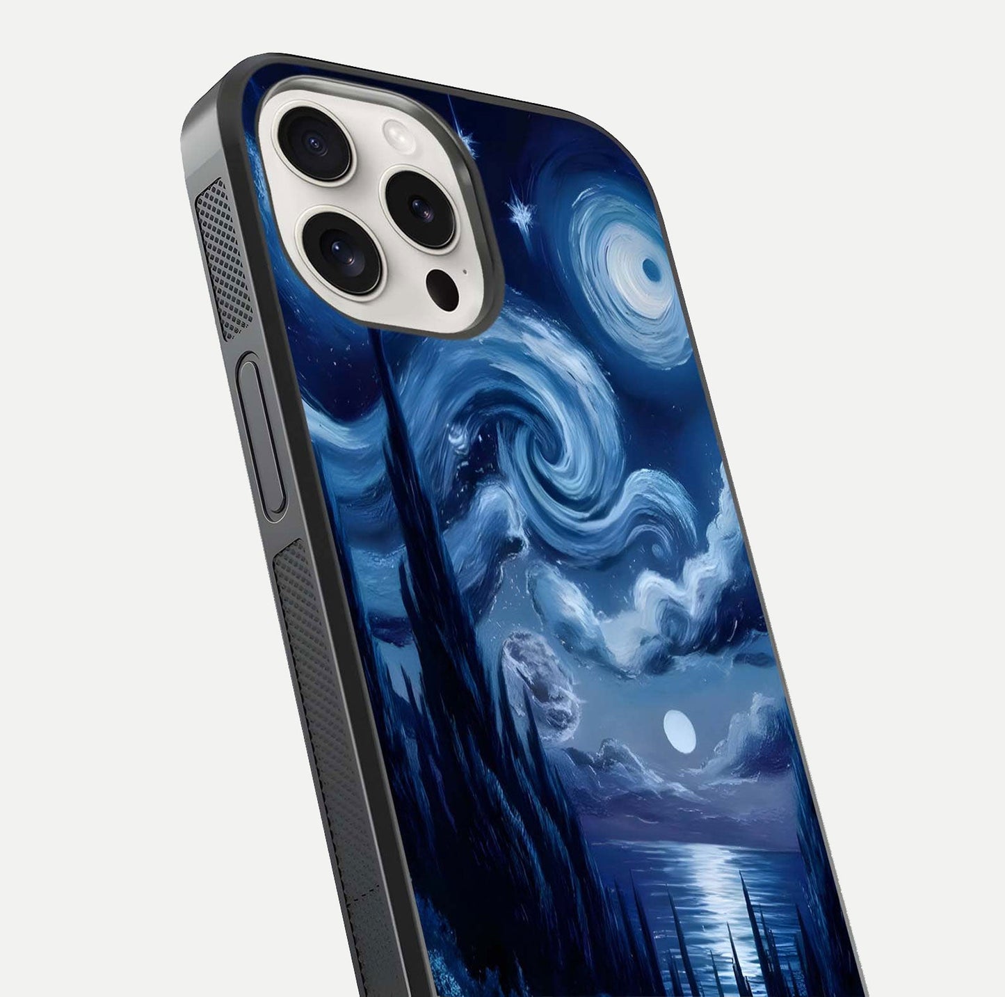 Celestial Dream Van Gogh Glass Case for iPhone 15 Pro Max close-up view capturing vivid brush details and star reflection