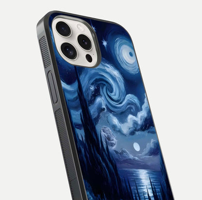 Celestial Dream Van Gogh Glass Case for iPhone 15 Pro Max close-up view capturing vivid brush details and star reflection