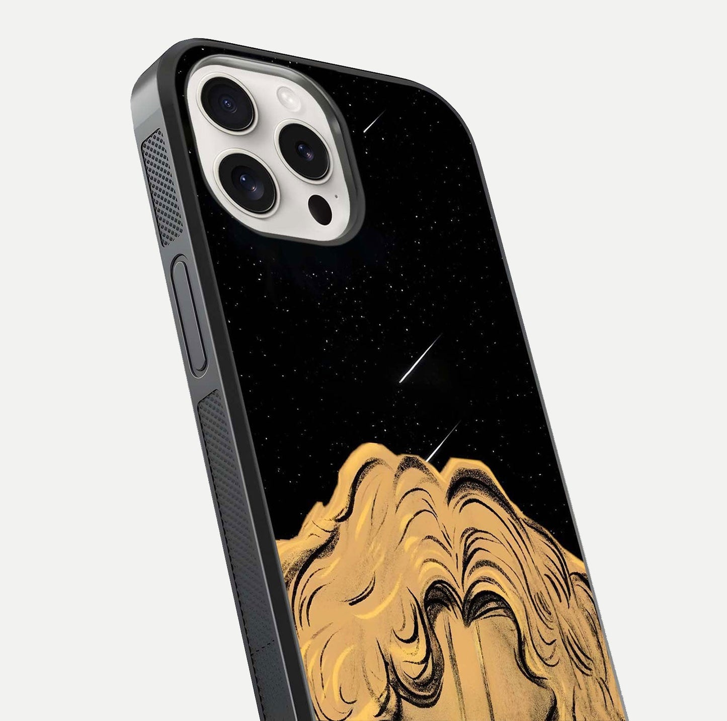 Celestial God’s Plan Glass Case for iPhone 15 Pro Max close-up angled shot highlighting celestial details and reflection