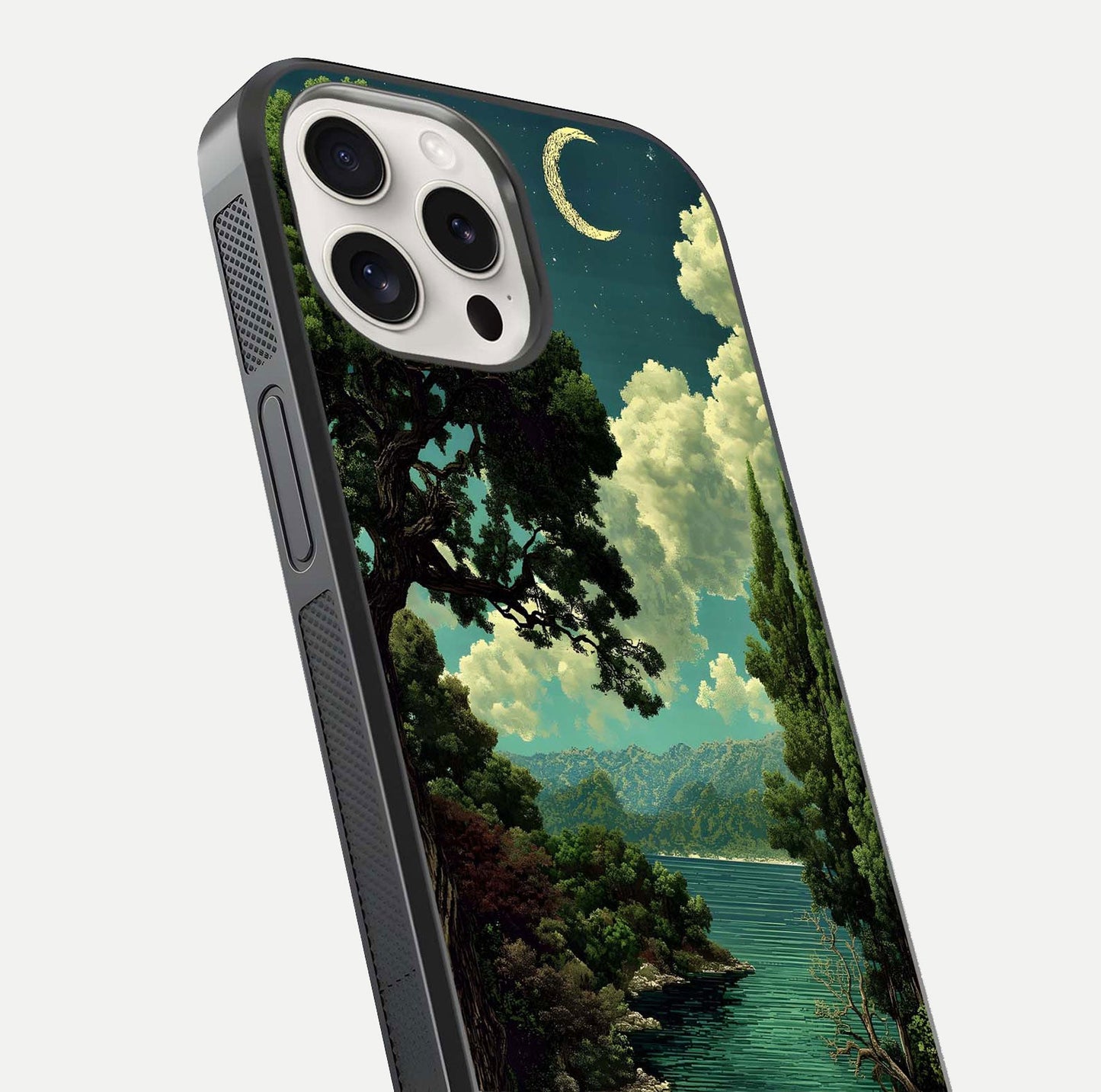 Celestial Lake Peace Glass Case for iPhone 15 Pro Max close-up highlighting moon reflection and glossy texture