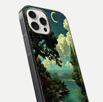 Celestial Lake Peace Glass Case for iPhone 15 Pro Max close-up highlighting moon reflection and glossy texture