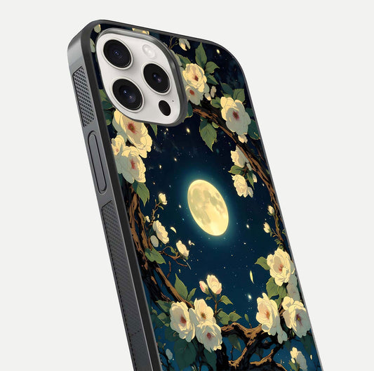 Celestial Moon & Flower Glass Case for iPhone 15 Pro Max close-up capturing petal reflection and moonlight contrast