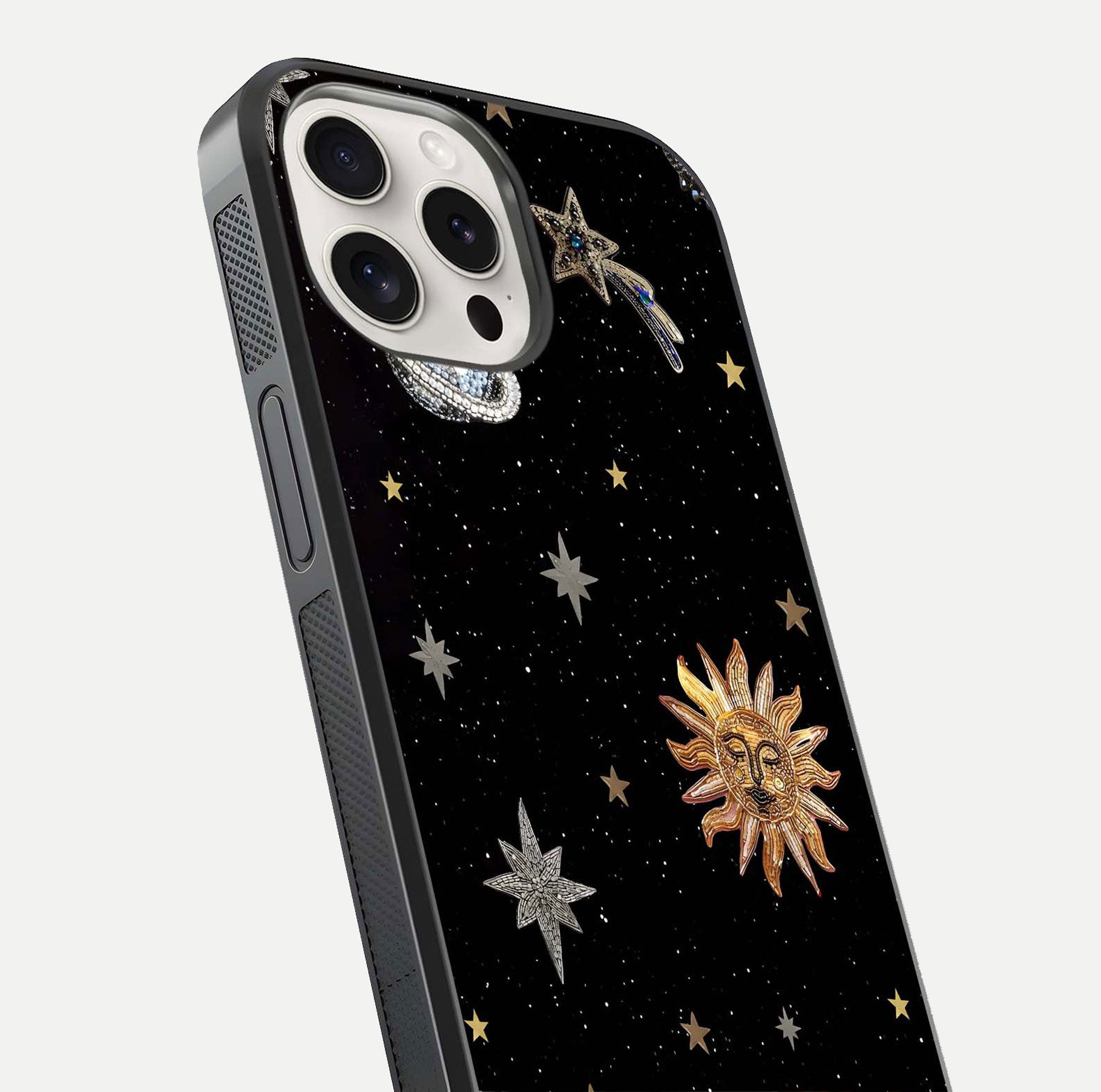 Celestial Moon With Stars Glass Case for iPhone 15 Pro Max close-up showing cosmic reflection and HD shine