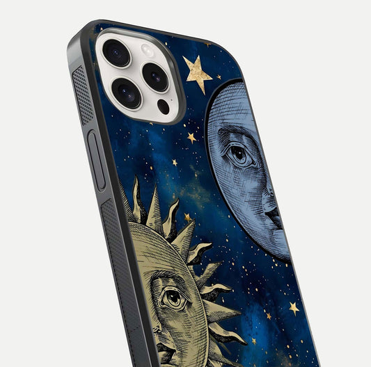 Celestial Moon With Sun Glass Case for iPhone 15 Pro Max close-up highlighting fine celestial detail and polish reflection