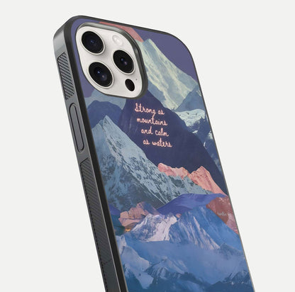 Celestial Mountain Calm Glass Case for iPhone 15 Pro Max close-up showing peak reflection and HD gloss texture