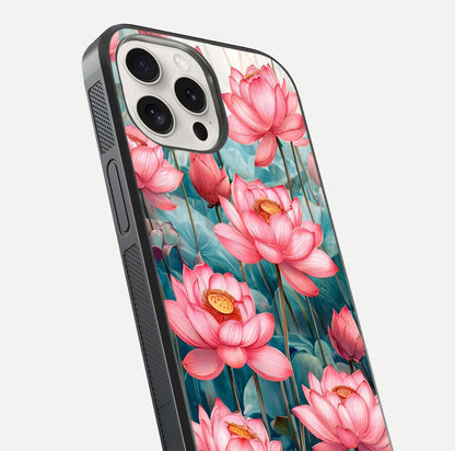 Celestial Pink Lotus Glass Case for iPhone 15 Pro Max close-up highlighting petal detail and HD glass reflection