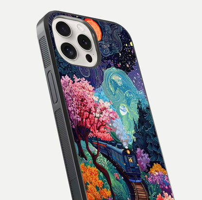 Celestial Train Journey Glass Case for iPhone 15 Pro Max close-up highlighting train lights, cosmic tones, and reflection detail