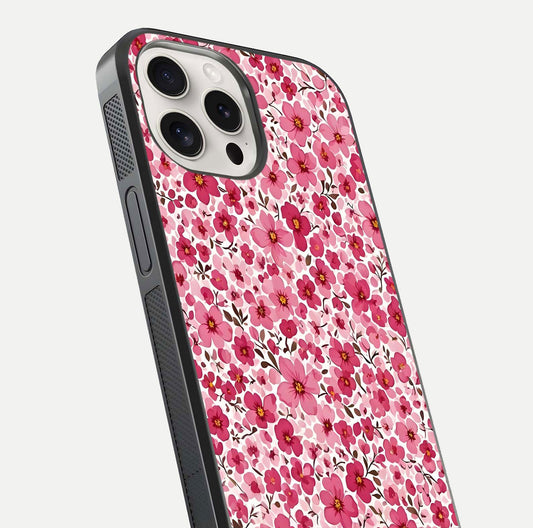 Cherry Blossom Charm Glass Case for iPhone 15 Pro Max close-up highlighting petal gradient and reflection shine
