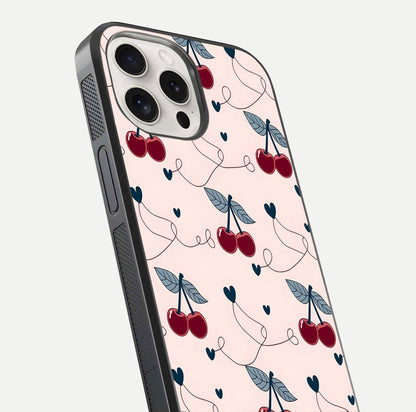 Cherry Heart Line Glass Case for iPhone 15 Pro Max close-up showing heart outline and HD reflection gloss
