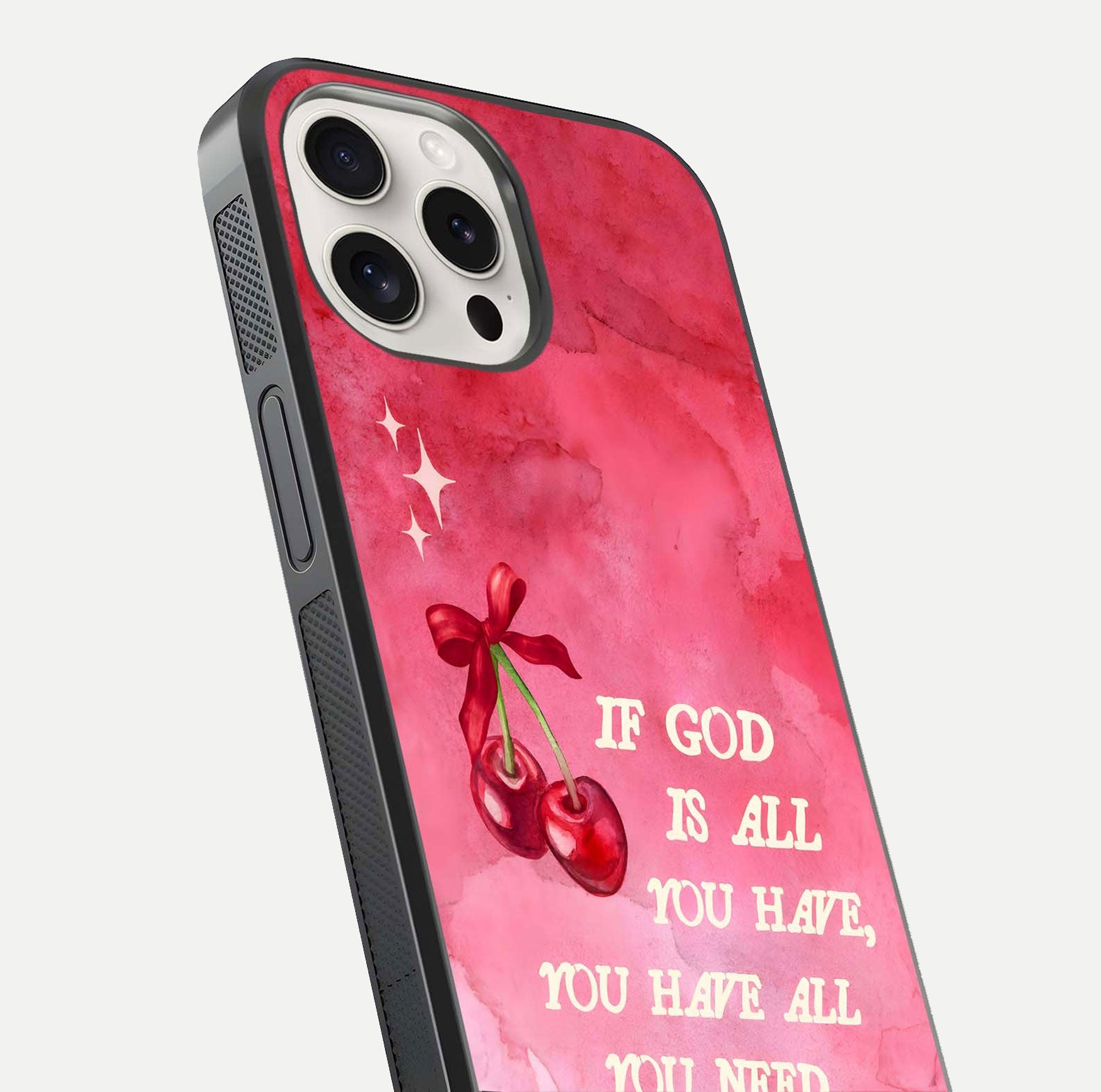 Cherry Quote Glass Case for iPhone 15 Pro Max close-up showing printed quote detail and HD reflection gloss