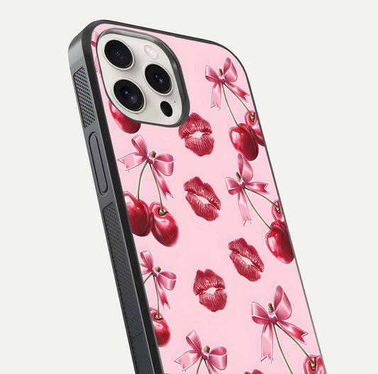 Cherry With Lips Glass Case for iPhone 15 Pro Max close-up view highlighting lips texture and reflection shine