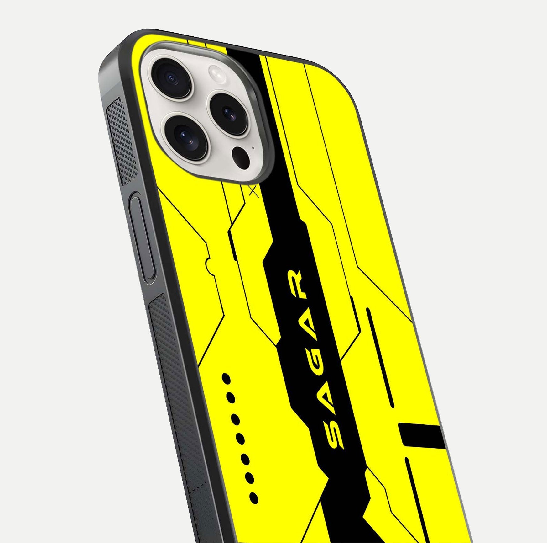 Circuit CYBERPUNK Custom Name Glass Case for iPhone 15 Pro Max close-up highlighting neon lines, futuristic tones, and gloss reflection