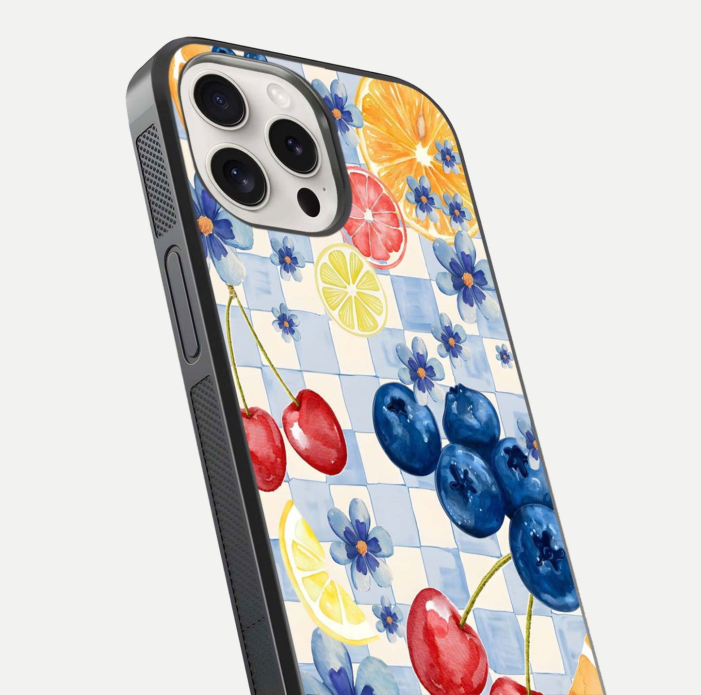 Citrus Bloom Joy Glass Case for iPhone 15 Pro Max close-up highlighting orange blossoms and reflection detail
