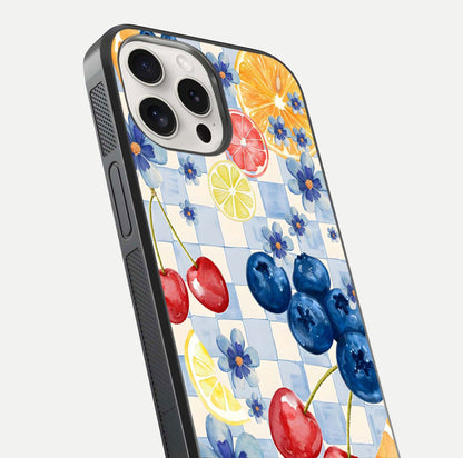 Citrus Bloom Joy Glass Case for iPhone 15 Pro Max close-up highlighting orange blossoms and reflection detail