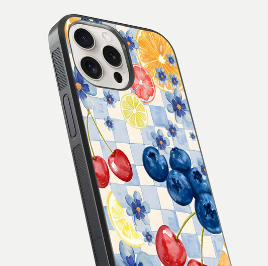 Citrus Bloom Joy Glass Case for iPhone 15 Pro Max close-up highlighting orange blossoms and reflection detail
