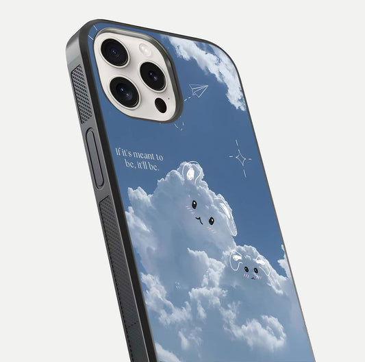 Cloud Bunny Dreams Glass Case for iPhone 15 Pro Max close-up showing bunny art, dreamy clouds, and HD shine