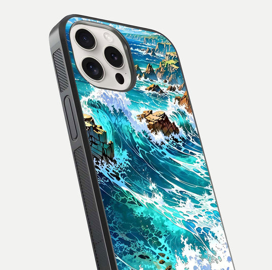 Coastal Blue Waves Glass Case for iPhone 15 Pro Max close-up highlighting wave texture and blue shine