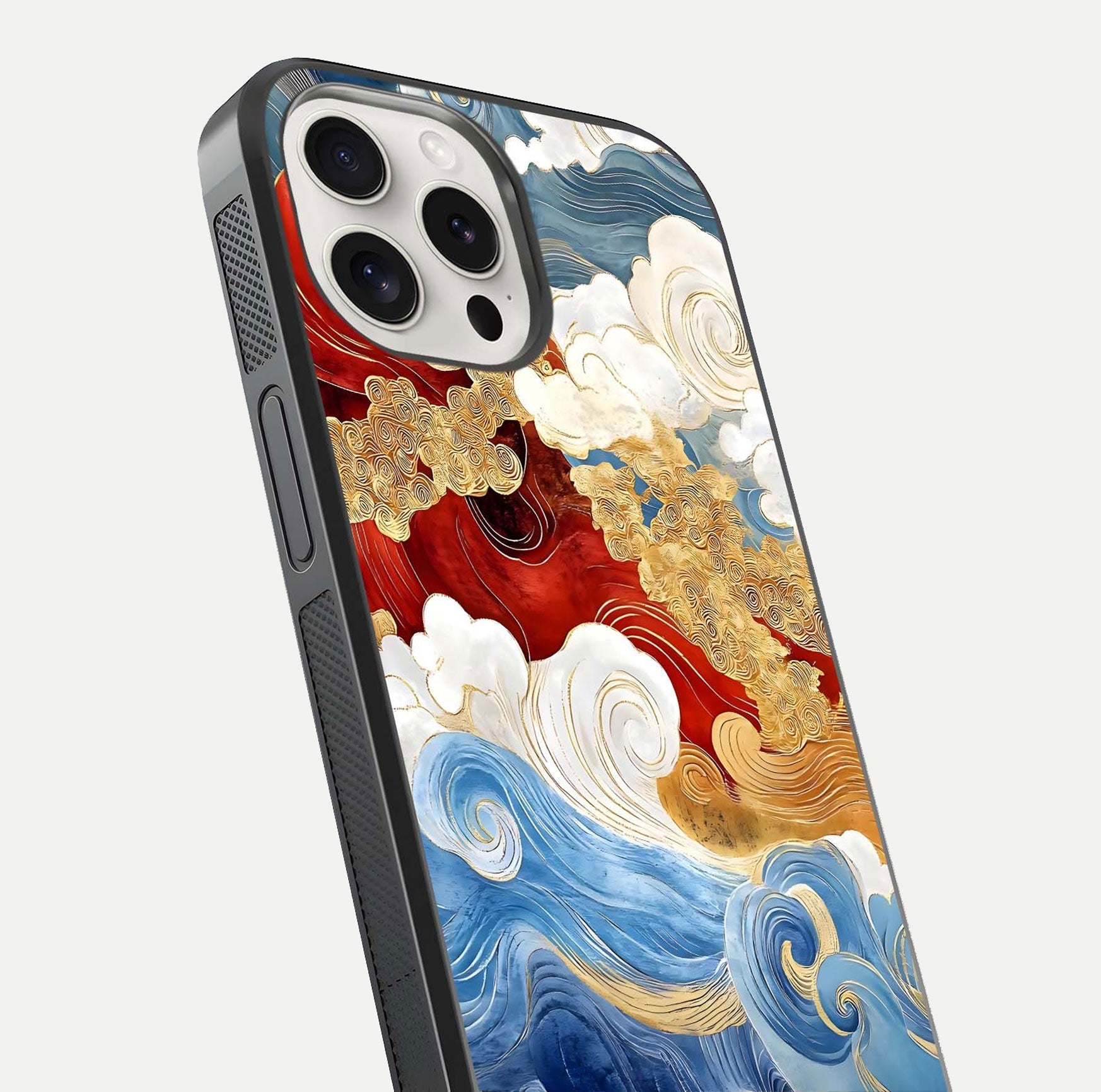 Colored Waves Glass Case for iPhone 15 Pro Max close-up angled shot highlighting gradient flow and light reflection