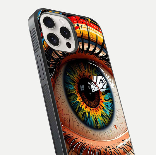 Colorful Eye Glass Case for iPhone 15 Pro Max close-up highlighting eye pattern detail and reflection shine