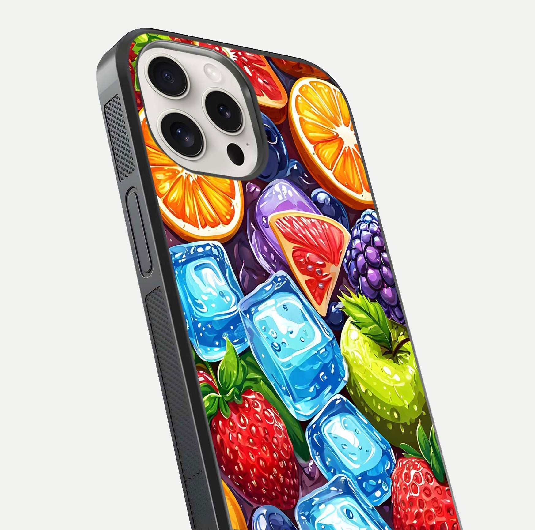 Colorful Fruits with Ice Glass Case for iPhone 15 Pro Max close-up highlighting fruit color and reflection glow