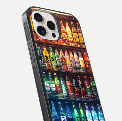 Colorful Soda Bottles Glass Case for iPhone 15 Pro Max close-up showing colorful bottles and HD reflection