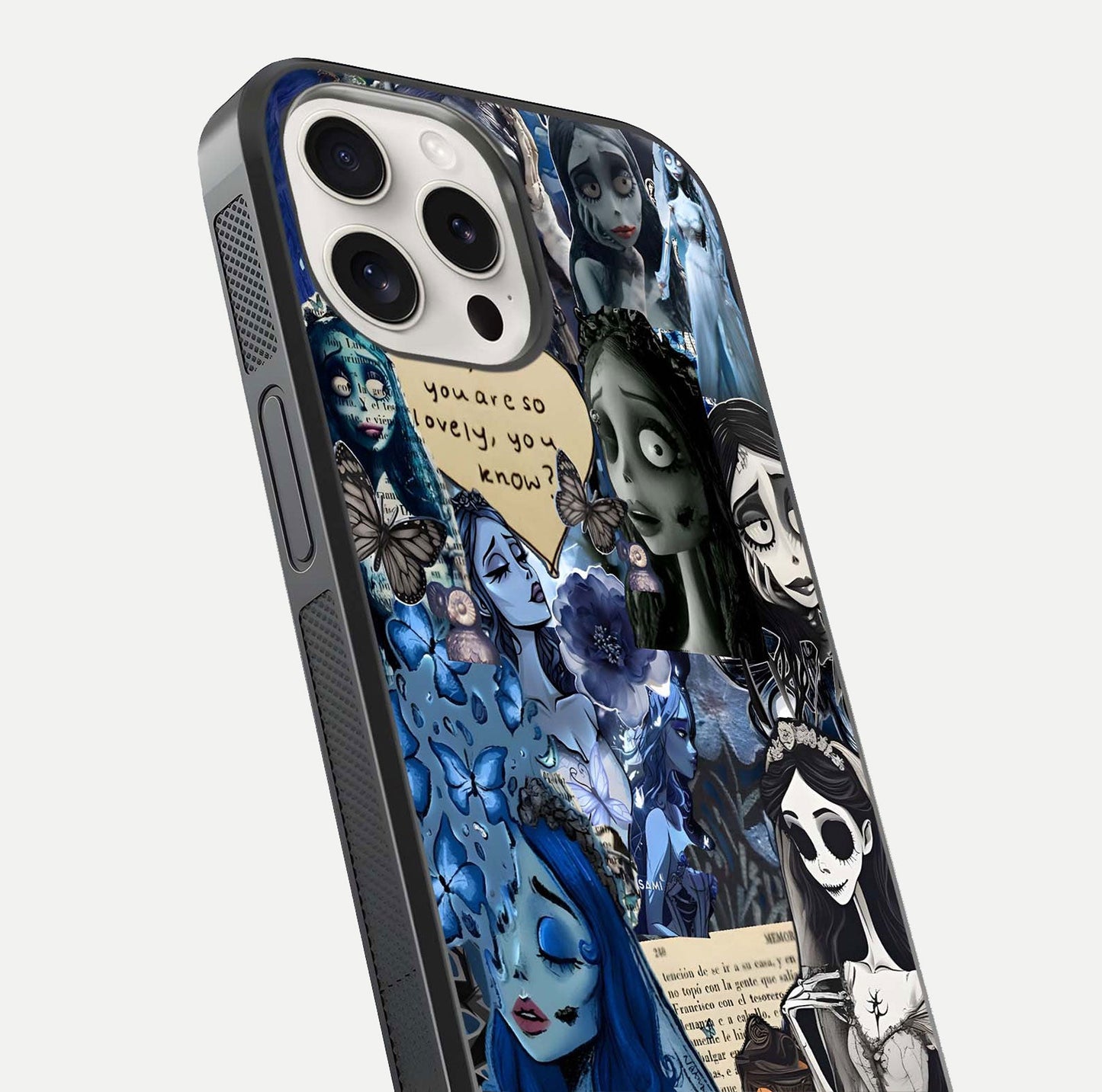 Corpse Bride Posters Glass Case for iPhone 15 Pro Max close-up highlighting detailed artwork and reflection polish