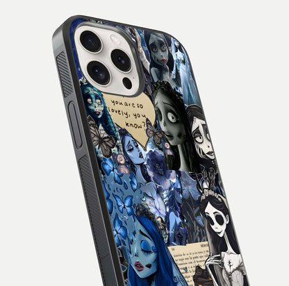 Corpse Bride Posters Glass Case for iPhone 15 Pro Max close-up highlighting detailed artwork and reflection polish