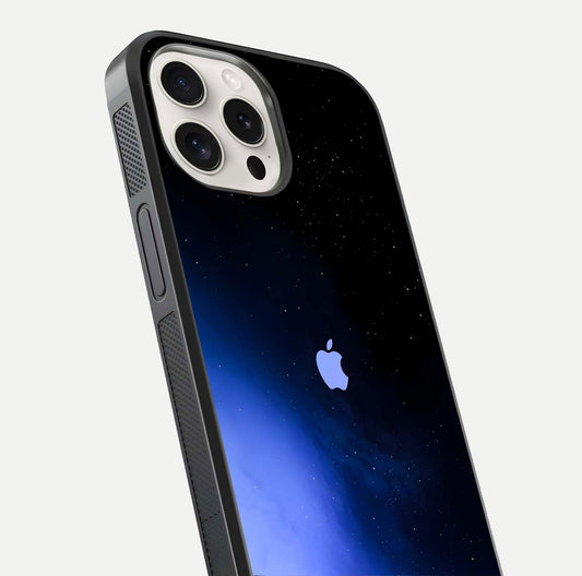 Cosmic Blue Apple Glass Case for iPhone 15 Pro Max close-up highlighting galaxy pattern, shine, and reflection detail