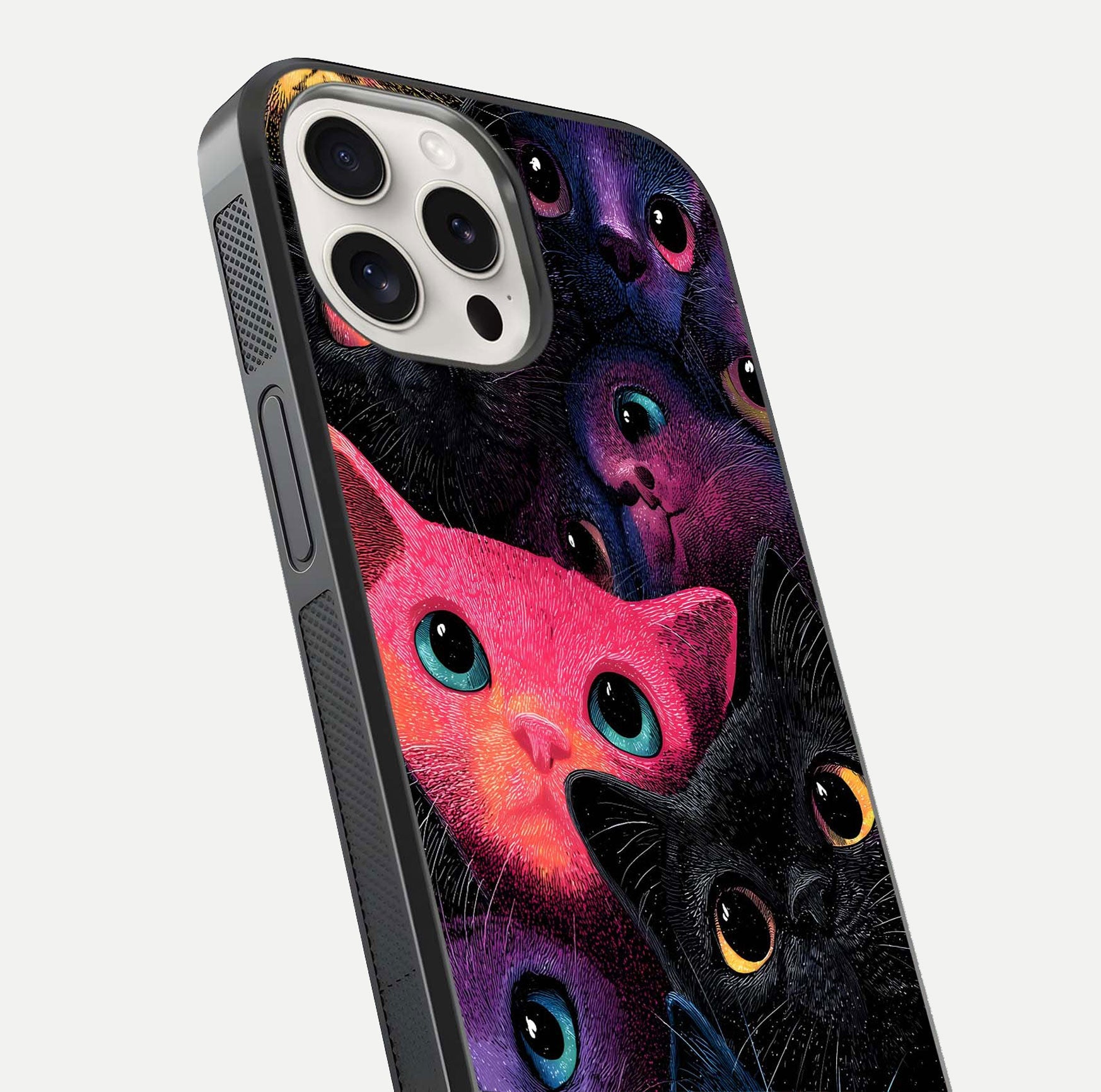 Cosmic Cats Dreams Glass Case for iPhone 15 Pro Max close-up highlighting cats and cosmic glow reflection