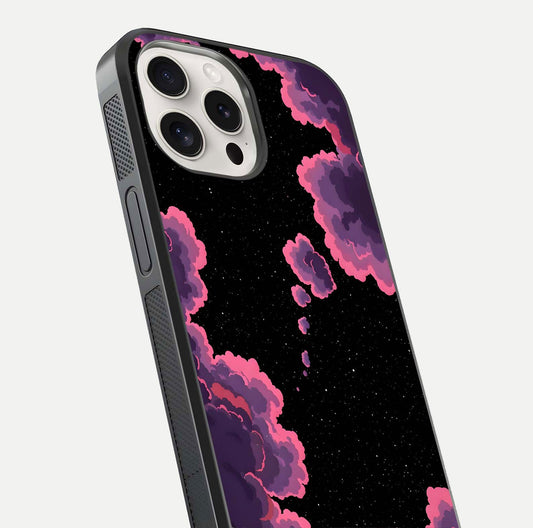 Cosmic Cloud Journey Glass Case for iPhone 15 Pro Max close-up highlighting star clusters and reflection texture