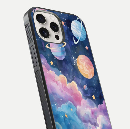 Cosmic Planet Dreams Glass Case for iPhone 15 Pro Max close-up highlighting planetary details and reflection glow