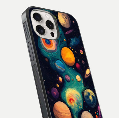 Cosmic Planet Journey Glass Case for iPhone 15 Pro Max close-up highlighting planets, stars, and shine reflection