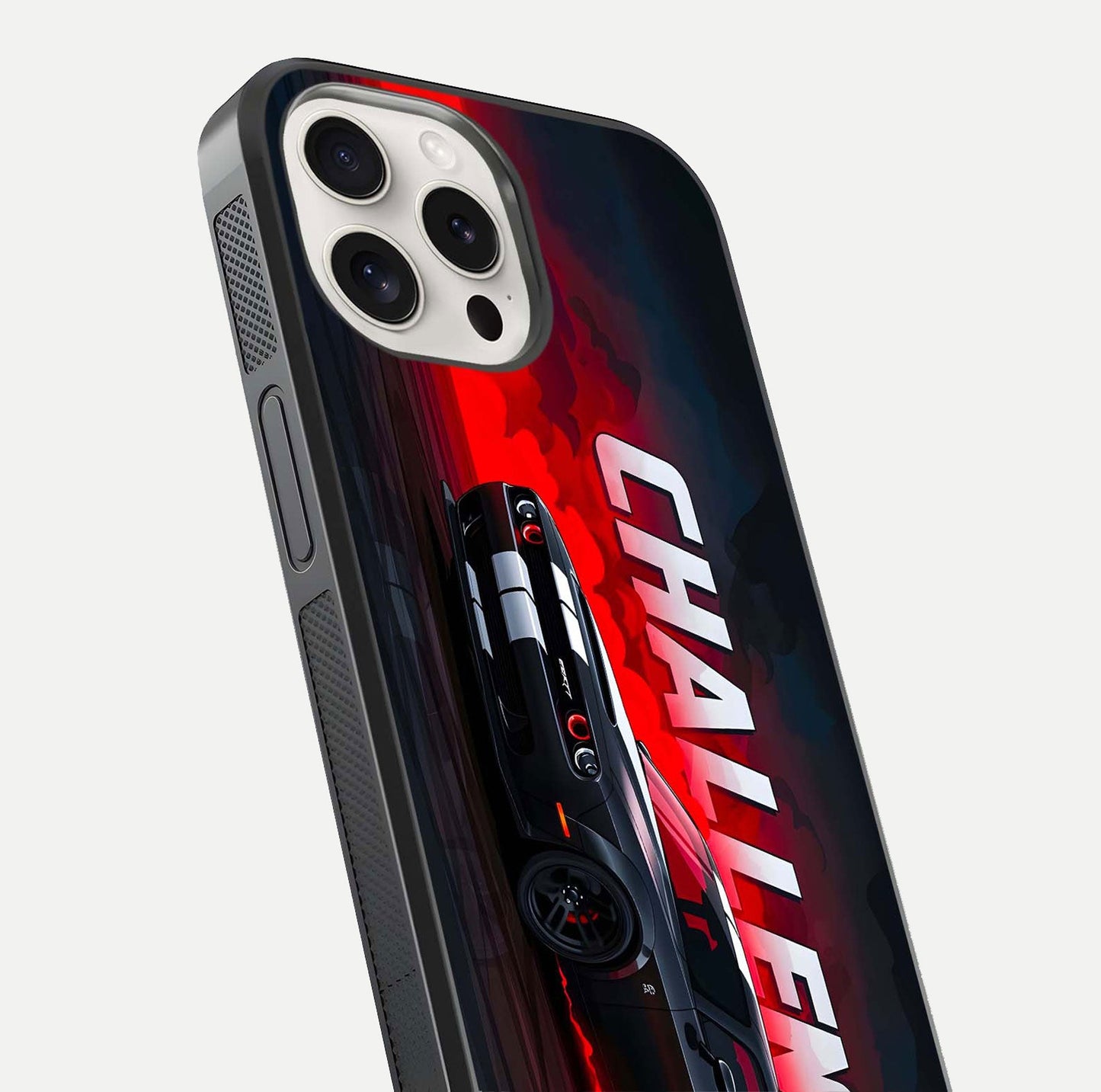 Crimson Challenger Fury Glass Case for iPhone 15 Pro Max close-up highlighting car details and reflection depth