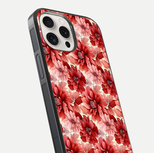 Crimson Love Petals Glass Case for iPhone 15 Pro Max close-up highlighting petal texture and light reflection