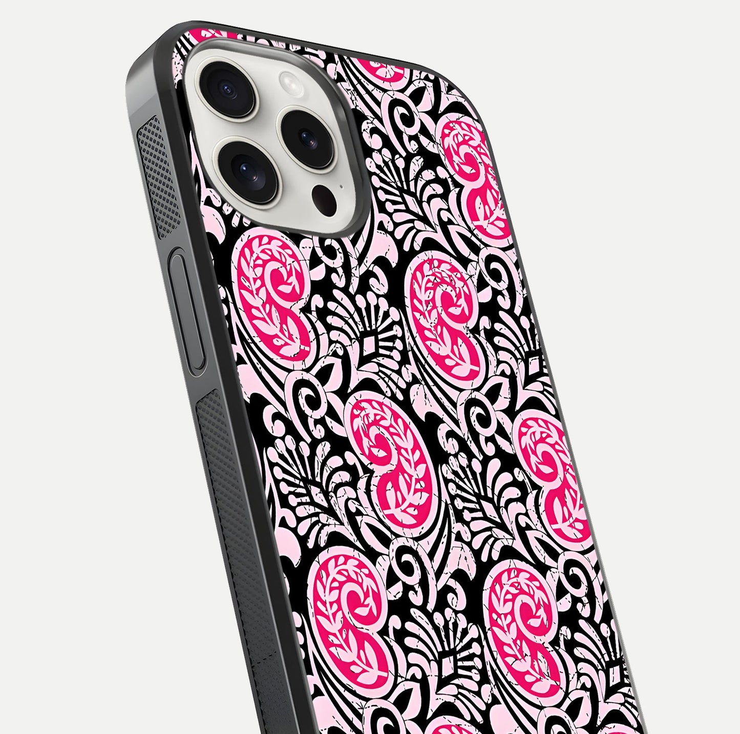 Crimson Paisley Charm Glass Case for iPhone 15 Pro Max close-up highlighting fine pattern detail and reflection tone