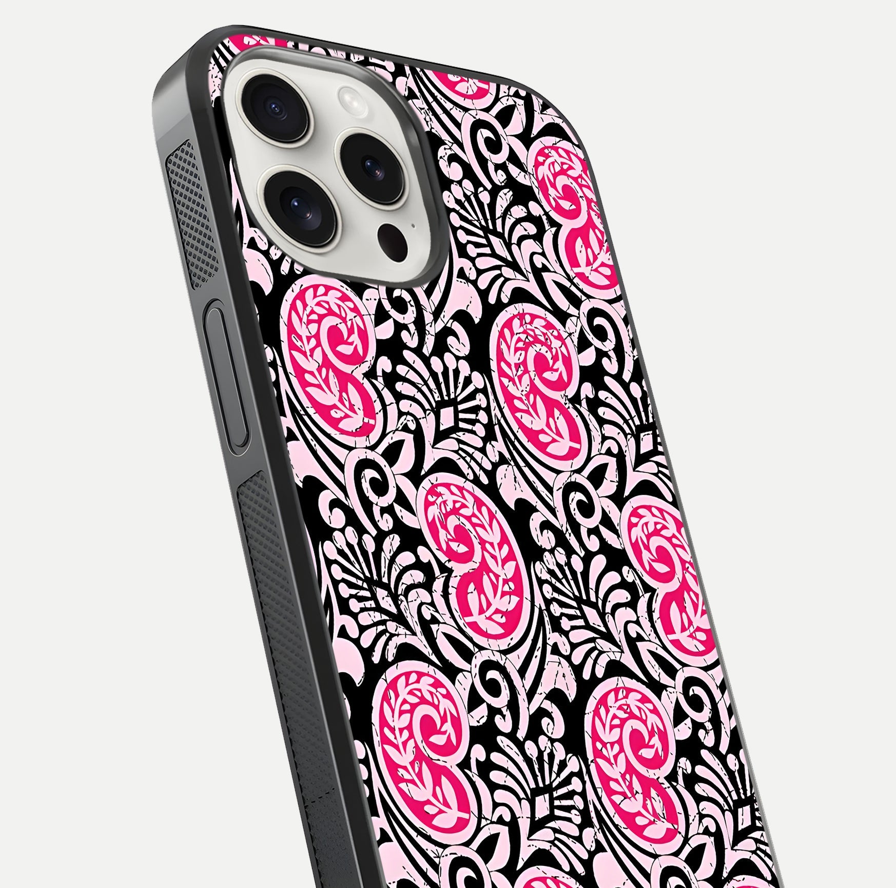 Crimson Paisley Charm Glass Case for iPhone 15 Pro Max close-up highlighting fine pattern detail and reflection tone