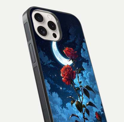 Crimson Rose Moon Glass Case for iPhone 15 Pro Max close-up showing rose detail and reflection highlight