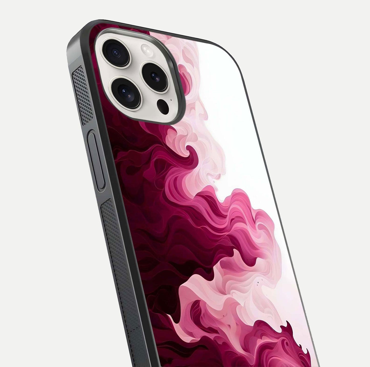 Crimson Wave Flow Glass Case for iPhone 15 Pro Max close-up highlighting flow texture and reflection tone